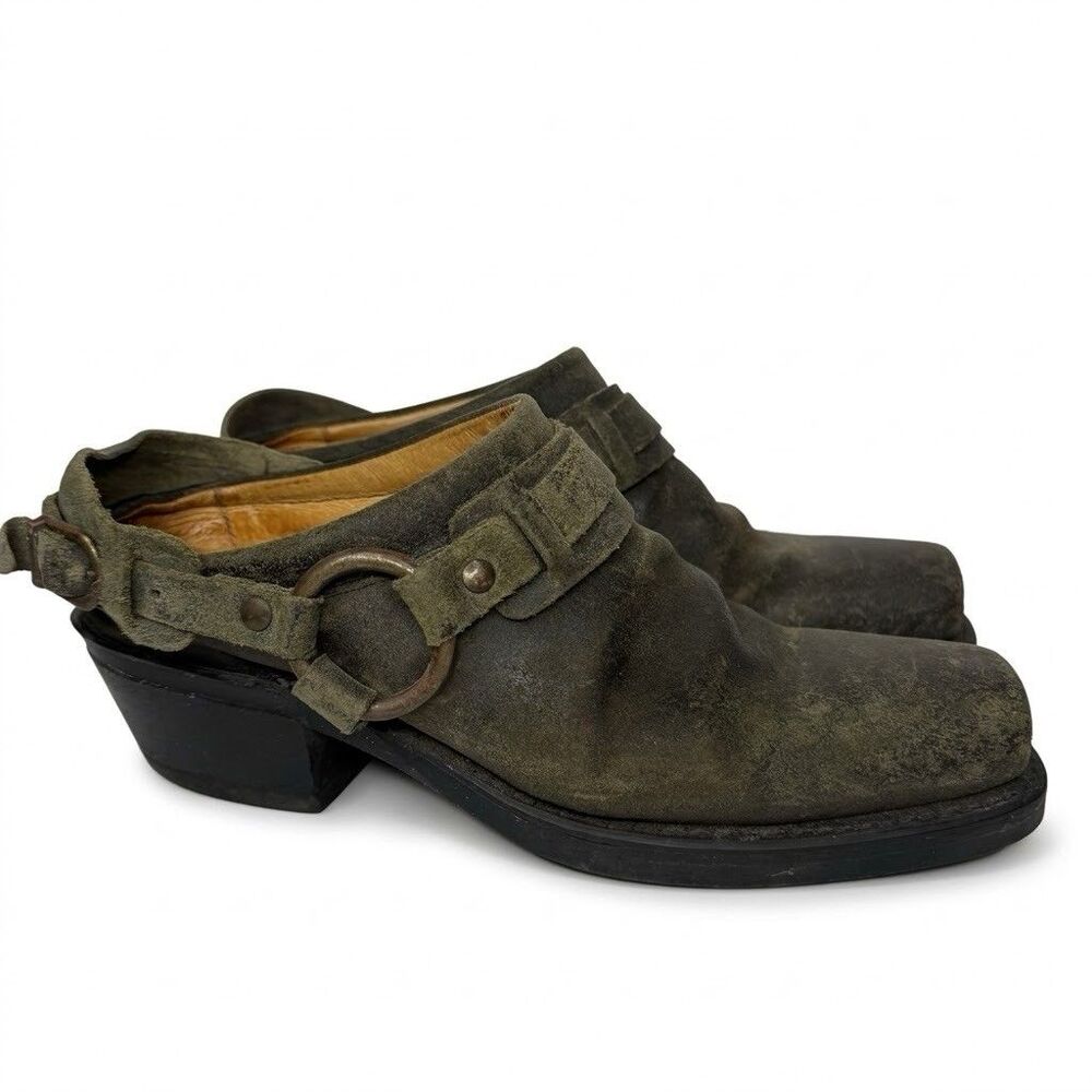 Vintage Frye Harness Mules Clogs 8.5 Olive Distressed Leather USA Western Y2K